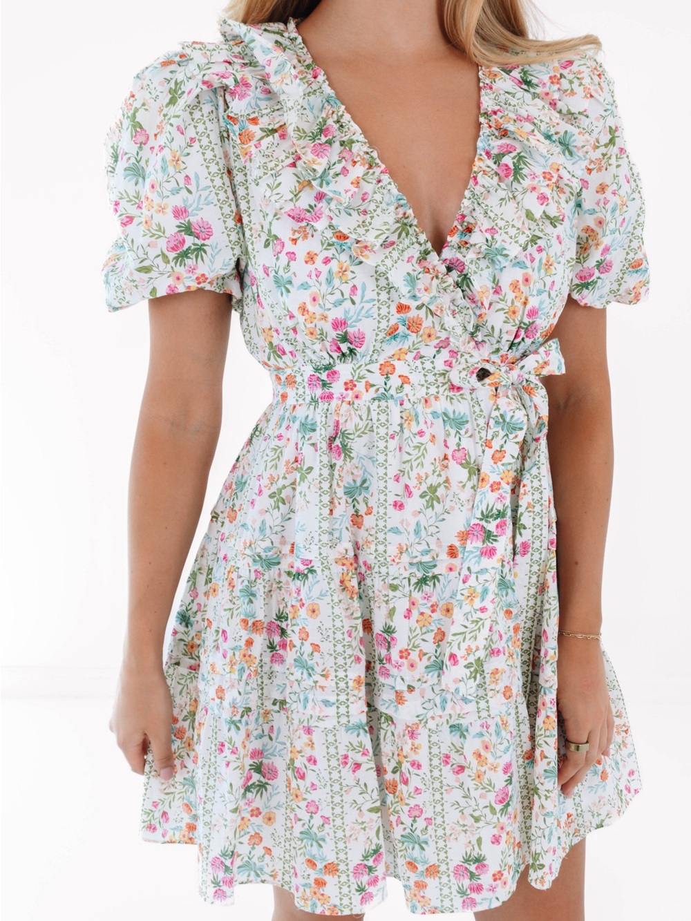 J. Marie Nora Ruffle Wrap Dress Size L NWT Floral Puff Sleeve Cottagecore Mini - Picture 3 of 14